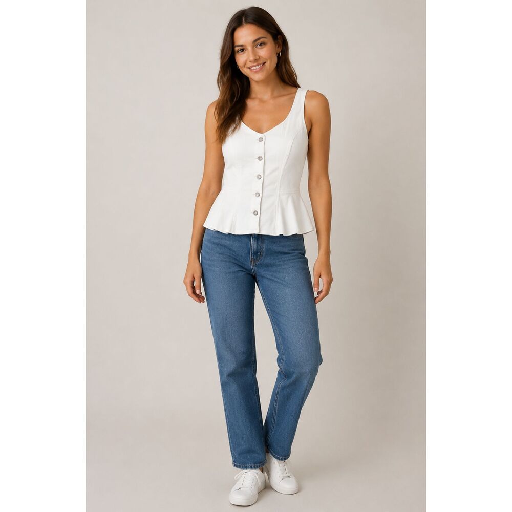 GAP Peplum Tank Top Women L Tall White Denim Button Front NWT Sleeveless Blouse